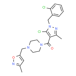 ChemSpider 2D Image | [5-Chloro-1-(2-chlorobenzyl)-3-methyl-1H-pyrazol-4-yl]{4-[(3-methyl-1,2-oxazol-5-yl)methyl]-1-piperazinyl}methanone | C21H23Cl2N5O2