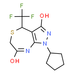 ChemSpider 2D Image | 1-Cyclopentyl-4-(trifluoromethyl)-4,8-dihydro-1H-pyrazolo[3,4-e][1,4]thiazepine-3,7(2H,6H)-dione | C12H14F3N3O2S