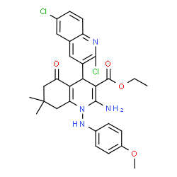 ChemSpider 2D Image | Ethyl 2'-amino-2,6-dichloro-1'-[(4-methoxyphenyl)amino]-7',7'-dimethyl-5'-oxo-1',4',5',6',7',8'-hexahydro-3,4'-biquinoline-3'-carboxylate | C30H30Cl2N4O4
