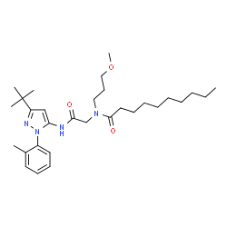 ChemSpider 2D Image | N-(3-Methoxypropyl)-N-(2-{[1-(2-methylphenyl)-3-(2-methyl-2-propanyl)-1H-pyrazol-5-yl]amino}-2-oxoethyl)decanamide | C30H48N4O3