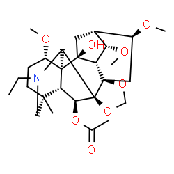 ChemSpider 2D Image | (1R,2S,3S,4S,5R,6S,12R,13S,19S,20R,21S)-14-Ethyl-2-hydroxy-4,6,19-trimethoxy-16-methyl-9,11-dioxa-14-azaheptacyclo[10.7.2.1~2,5~.0~1,13~.0~3,8~.0~8,12~.0~16,20~]docos-21-yl acetate | C27H41NO8