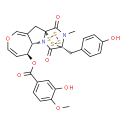 ChemSpider 2D Image | (1R,8S,9S,12R)-12-(4-Hydroxybenzyl)-18-methyl-11,17-dioxo-5-oxa-13,14,15,16-tetrathia-10,18-diazatetracyclo[10.4.2.0~1,10~.0~3,9~]octadeca-3,6-dien-8-yl 3-hydroxy-4-methoxybenzoate | C27H24N2O8S4