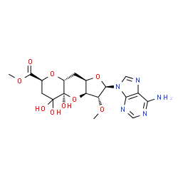 ChemSpider 2D Image | Methyl (2R,3R,3aS,4aR,7S,8aR,9aR)-2-(6-amino-9H-purin-9-yl)-4a,5,5-trihydroxy-3-methoxydecahydrofuro[3,2-b]pyrano[2,3-e]pyran-7-carboxylate | C18H23N5O9