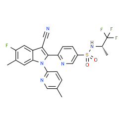ChemSpider 2D Image | 6-[3-Cyano-5-fluoro-6-methyl-1-(5-methyl-2-pyridinyl)-1H-indol-2-yl]-N-[(2S)-1,1,1-trifluoro-2-propanyl]-3-pyridinesulfonamide | C24H19F4N5O2S