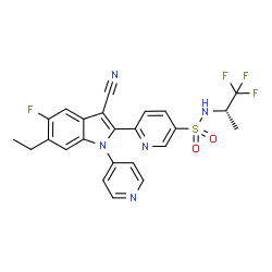 ChemSpider 2D Image | 6-[3-Cyano-6-ethyl-5-fluoro-1-(4-pyridinyl)-1H-indol-2-yl]-N-[(2S)-1,1,1-trifluoro-2-propanyl]-3-pyridinesulfonamide | C24H19F4N5O2S
