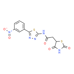 ChemSpider 2D Image | 2-(2,4-Dioxo-1,3-thiazolidin-5-yl)-N-[5-(3-nitrophenyl)-1,3,4-thiadiazol-2-yl]acetamide | C13H9N5O5S2