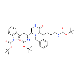 ChemSpider 2D Image | 2-Methyl-2-propanyl 3-[(2S)-2-{(2R,6S)-1-benzyl-6-[4-({[(2-methyl-2-propanyl)oxy]carbonyl}amino)butyl]-5-oxo-2-piperazinyl}-2-({[(2-methyl-2-propanyl)oxy]carbonyl}amino)ethyl]-1H-indole-1-carboxylate | C40H57N5O7