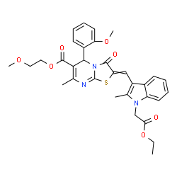 ChemSpider 2D Image | 2-Methoxyethyl 2-{[1-(2-ethoxy-2-oxoethyl)-2-methyl-1H-indol-3-yl]methylene}-5-(2-methoxyphenyl)-7-methyl-3-oxo-2,3-dihydro-5H-[1,3]thiazolo[3,2-a]pyrimidine-6-carboxylate | C32H33N3O7S