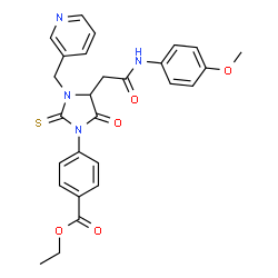 ChemSpider 2D Image | Ethyl 4-[4-{2-[(4-methoxyphenyl)amino]-2-oxoethyl}-5-oxo-3-(3-pyridinylmethyl)-2-thioxo-1-imidazolidinyl]benzoate | C27H26N4O5S