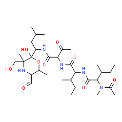 ChemSpider 2D Image | N-Acetyl-N-methylisoleucyl-N-[1-({1-[5-formyl-2-hydroxy-3-(hydroxymethyl)-3,6-dimethyl-2-morpholinyl]-3-methylbutyl}amino)-1,3-dioxo-2-butanyl]isoleucinamide | C32H57N5O9
