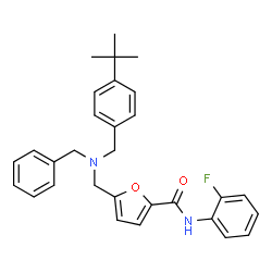 ChemSpider 2D Image | 5-({Benzyl[4-(2-methyl-2-propanyl)benzyl]amino}methyl)-N-(2-fluorophenyl)-2-furamide | C30H31FN2O2