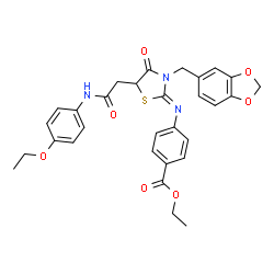ChemSpider 2D Image | Ethyl 4-{(Z)-[3-(1,3-benzodioxol-5-ylmethyl)-5-{2-[(4-ethoxyphenyl)amino]-2-oxoethyl}-4-oxo-1,3-thiazolidin-2-ylidene]amino}benzoate | C30H29N3O7S