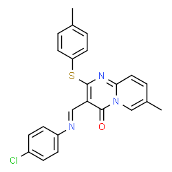 ChemSpider 2D Image | 3-{(E)-[(4-Chlorophenyl)imino]methyl}-7-methyl-2-[(4-methylphenyl)sulfanyl]-4H-pyrido[1,2-a]pyrimidin-4-one | C23H18ClN3OS