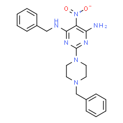 ChemSpider 2D Image | N-Benzyl-2-(4-benzyl-1-piperazinyl)-5-nitro-4,6-pyrimidinediamine | C22H25N7O2