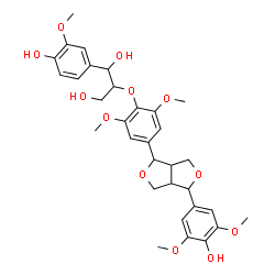 ChemSpider 2D Image | 2-{4-[4-(4-Hydroxy-3,5-dimethoxyphenyl)tetrahydro-1H,3H-furo[3,4-c]furan-1-yl]-2,6-dimethoxyphenoxy}-1-(4-hydroxy-3-methoxyphenyl)-1,3-propanediol | C32H38O12