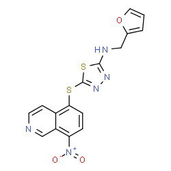 ChemSpider 2D Image | N-(2-Furylmethyl)-5-[(8-nitro-5-isoquinolinyl)sulfanyl]-1,3,4-thiadiazol-2-amine | C16H11N5O3S2