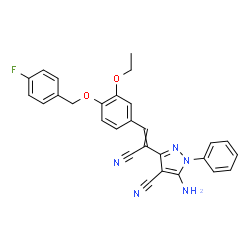 ChemSpider 2D Image | 5-Amino-3-(1-cyano-2-{3-ethoxy-4-[(4-fluorobenzyl)oxy]phenyl}vinyl)-1-phenyl-1H-pyrazole-4-carbonitrile | C28H22FN5O2