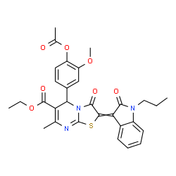 ChemSpider 2D Image | Ethyl 5-(4-acetoxy-3-methoxyphenyl)-7-methyl-3-oxo-2-(2-oxo-1-propyl-1,2-dihydro-3H-indol-3-ylidene)-2,3-dihydro-5H-[1,3]thiazolo[3,2-a]pyrimidine-6-carboxylate | C30H29N3O7S