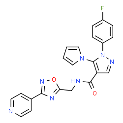 ChemSpider 2D Image | 1-(4-Fluorophenyl)-N-{[3-(4-pyridinyl)-1,2,4-oxadiazol-5-yl]methyl}-5-(1H-pyrrol-1-yl)-1H-pyrazole-4-carboxamide | C22H16FN7O2