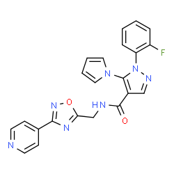 ChemSpider 2D Image | 1-(2-Fluorophenyl)-N-{[3-(4-pyridinyl)-1,2,4-oxadiazol-5-yl]methyl}-5-(1H-pyrrol-1-yl)-1H-pyrazole-4-carboxamide | C22H16FN7O2