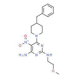 ChemSpider 2D Image | 6-(4-Benzyl-1-piperidinyl)-N~2~-(2-methoxyethyl)-5-nitro-2,4-pyrimidinediamine | C19H26N6O3