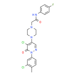 ChemSpider 2D Image | 2-{4-[5-Chloro-1-(3-chloro-4-methylphenyl)-6-oxo-1,6-dihydro-4-pyridazinyl]-1-piperazinyl}-N-(4-fluorophenyl)acetamide | C23H22Cl2FN5O2