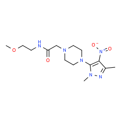 ChemSpider 2D Image | 2-[4-(1,3-Dimethyl-4-nitro-1H-pyrazol-5-yl)-1-piperazinyl]-N-(2-methoxyethyl)acetamide | C14H24N6O4