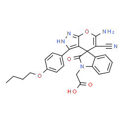ChemSpider 2D Image | [6'-Amino-3'-(4-butoxyphenyl)-5'-cyano-2-oxo-2'H-spiro[indole-3,4'-pyrano[2,3-c]pyrazol]-1(2H)-yl]acetic acid | C26H23N5O5