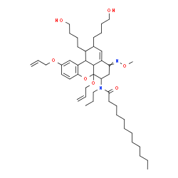 ChemSpider 2D Image | N-[6a,10-Bis(allyloxy)-1,2-bis(4-hydroxybutyl)-4-(methoxyimino)-1,2,4,5,6,6a,11b,11c-octahydrobenzo[kl]xanthen-6-yl]-N-propyldodecanamide | C46H72N2O7