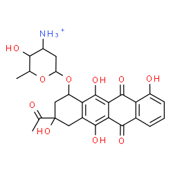 ChemSpider 2D Image | 3-Acetyl-3,5,10,12-tetrahydroxy-6,11-dioxo-1,2,3,4,6,11-hexahydro-1-tetracenyl 3-ammonio-2,3,6-trideoxyhexopyranoside | C26H28NO10