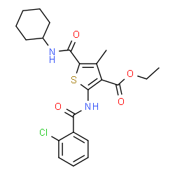 ChemSpider 2D Image | Ethyl 2-[(2-chlorobenzoyl)amino]-5-(cyclohexylcarbamoyl)-4-methyl-3-thiophenecarboxylate | C22H25ClN2O4S