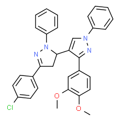 ChemSpider 2D Image | 5-(4-Chlorophenyl)-3'-(3,4-dimethoxyphenyl)-1',2-diphenyl-3,4-dihydro-1'H,2H-3,4'-bipyrazole | C32H27ClN4O2