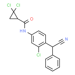 ChemSpider 2D Image | 2,2-Dichloro-N-{3-chloro-4-[cyano(phenyl)methyl]phenyl}cyclopropanecarboxamide | C18H13Cl3N2O
