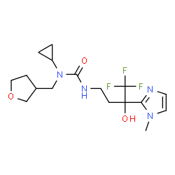 ChemSpider 2D Image | 1-Cyclopropyl-1-(tetrahydro-3-furanylmethyl)-3-[4,4,4-trifluoro-3-hydroxy-3-(1-methyl-1H-imidazol-2-yl)butyl]urea | C17H25F3N4O3