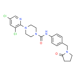 ChemSpider 2D Image | 4-(3,5-Dichloro-2-pyridinyl)-N-{4-[(2-oxo-1-pyrrolidinyl)methyl]phenyl}-1-piperazinecarboxamide | C21H23Cl2N5O2