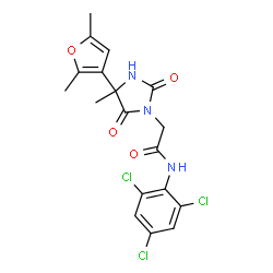 ChemSpider 2D Image | 2-[4-(2,5-Dimethyl-3-furyl)-4-methyl-2,5-dioxo-1-imidazolidinyl]-N-(2,4,6-trichlorophenyl)acetamide | C18H16Cl3N3O4