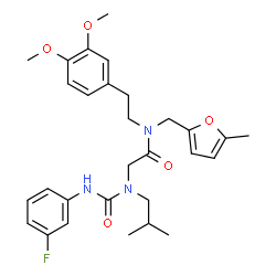 ChemSpider 2D Image | N-[2-(3,4-Dimethoxyphenyl)ethyl]-N~2~-[(3-fluorophenyl)carbamoyl]-N~2~-isobutyl-N-[(5-methyl-2-furyl)methyl]glycinamide | C29H36FN3O5