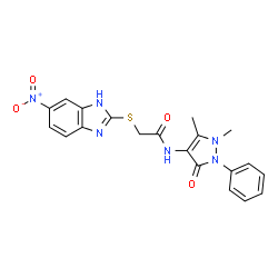 ChemSpider 2D Image | acetamide, N-(2,3-dihydro-1,5-dimethyl-3-oxo-2-phenyl-1H-pyrazol-4-yl)-2-[(5-nitro-1H-benzimidazol-2-yl)thio]- | C20H18N6O4S