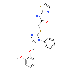 ChemSpider 2D Image | 2-({5-[(2-Methoxyphenoxy)methyl]-4-phenyl-4H-1,2,4-triazol-3-yl}sulfanyl)-N-(1,3-thiazol-2-yl)acetamide | C21H19N5O3S2