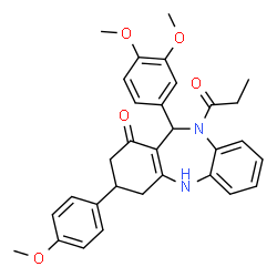 ChemSpider 2D Image | 11-(3,4-Dimethoxyphenyl)-3-(4-methoxyphenyl)-10-propionyl-2,3,4,5,10,11-hexahydro-1H-dibenzo[b,e][1,4]diazepin-1-one | C31H32N2O5