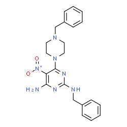 ChemSpider 2D Image | N~2~-Benzyl-6-(4-benzyl-1-piperazinyl)-5-nitro-2,4-pyrimidinediamine | C22H25N7O2