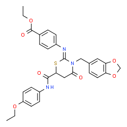 ChemSpider 2D Image | Ethyl 4-[(Z)-{3-(1,3-benzodioxol-5-ylmethyl)-6-[(4-ethoxyphenyl)carbamoyl]-4-oxo-1,3-thiazinan-2-ylidene}amino]benzoate | C30H29N3O7S