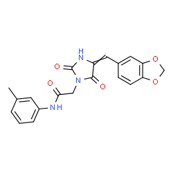 ChemSpider 2D Image | 2-[4-(1,3-Benzodioxol-5-ylmethylene)-2,5-dioxo-1-imidazolidinyl]-N-(3-methylphenyl)acetamide | C20H17N3O5