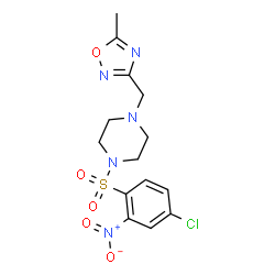 ChemSpider 2D Image | 1-[(4-Chloro-2-nitrophenyl)sulfonyl]-4-[(5-methyl-1,2,4-oxadiazol-3-yl)methyl]piperazine | C14H16ClN5O5S