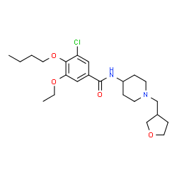 ChemSpider 2D Image | 4-Butoxy-3-chloro-5-ethoxy-N-[1-(tetrahydro-3-furanylmethyl)-4-piperidinyl]benzamide | C23H35ClN2O4