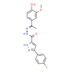 ChemSpider 2D Image | 3-(4-Fluorophenyl)-N'-[(1E)-1-(4-hydroxy-3-methoxyphenyl)ethylidene]-1H-pyrazole-5-carbohydrazide | C19H17FN4O3