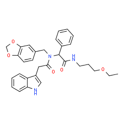 ChemSpider 2D Image | N-(1,3-Benzodioxol-5-ylmethyl)-N-{2-[(3-ethoxypropyl)amino]-2-oxo-1-phenylethyl}-2-(1H-indol-3-yl)acetamide | C31H33N3O5