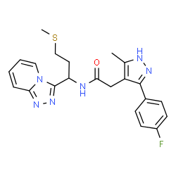 ChemSpider 2D Image | 2-[3-(4-Fluorophenyl)-5-methyl-1H-pyrazol-4-yl]-N-[3-(methylsulfanyl)-1-([1,2,4]triazolo[4,3-a]pyridin-3-yl)propyl]acetamide | C22H23FN6OS