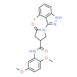 ChemSpider 2D Image | N-(2,5-Dimethoxyphenyl)-1-(4-fluoro-1H-indazol-3-yl)-5-oxo-3-pyrrolidinecarboxamide | C20H19FN4O4