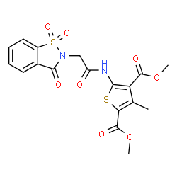 ChemSpider 2D Image | Dimethyl 5-{[(1,1-dioxido-3-oxo-1,2-benzothiazol-2(3H)-yl)acetyl]amino}-3-methyl-2,4-thiophenedicarboxylate | C18H16N2O8S2
